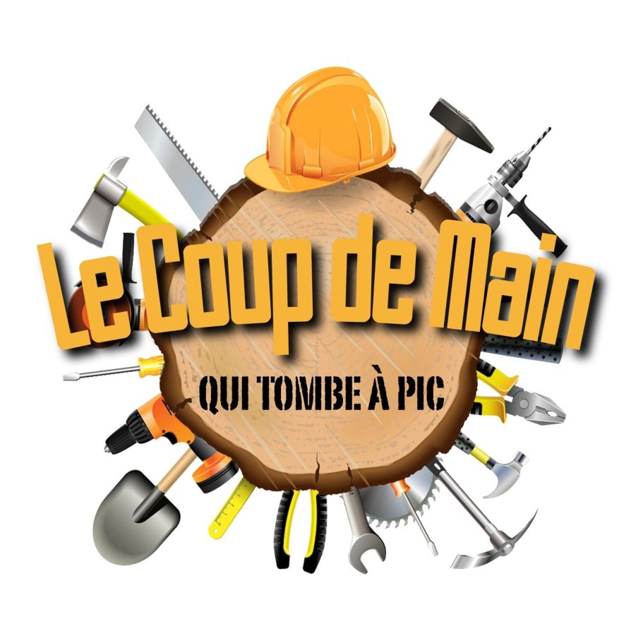 Le Coup de Main qui Tombe à Pic, bricolage à domicile Logo de "Le Coup de Main", avec des outils entourant un arbre stylisé.
